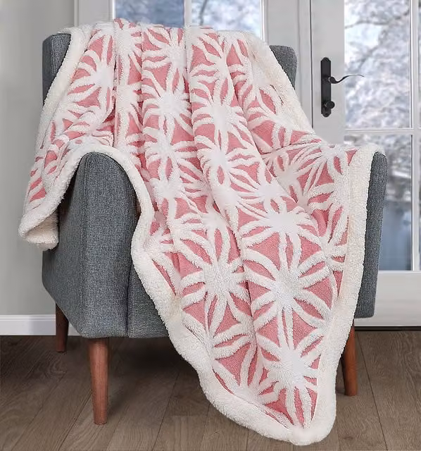 Velosso Sherpa Backed Thermal Soft Jacquard Throw Blanket in Pink, W/D/H: 125 x 150 cm