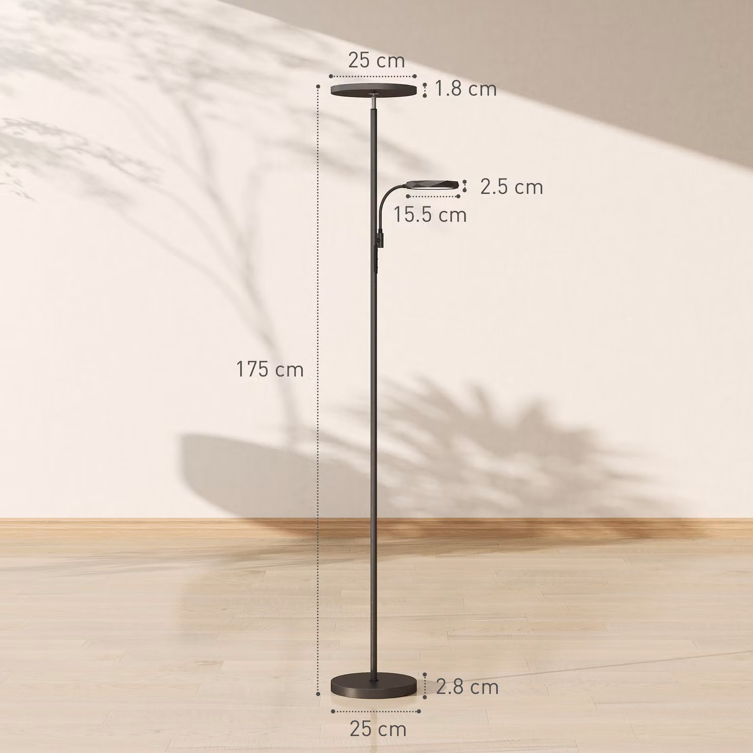 HOMCOM Mother and Child Uplighter LED Floor Lamp in Black, Steplessly Dimmable with Remote and Touch Control, 2700K-6500K Colour Temperature, H 175 x W 25 x D 25 cm – 3