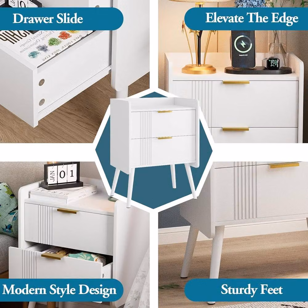Huhote Bedside Table Cabinet with 2 Drawers and Wooden Legs in White – 4
