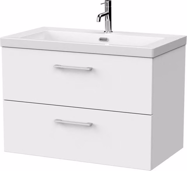 Balterley Pershall Modern Wall Mounted 2 Drawer Vanity Unit and Fireclay Basin, Matt White, Width: 80 cm