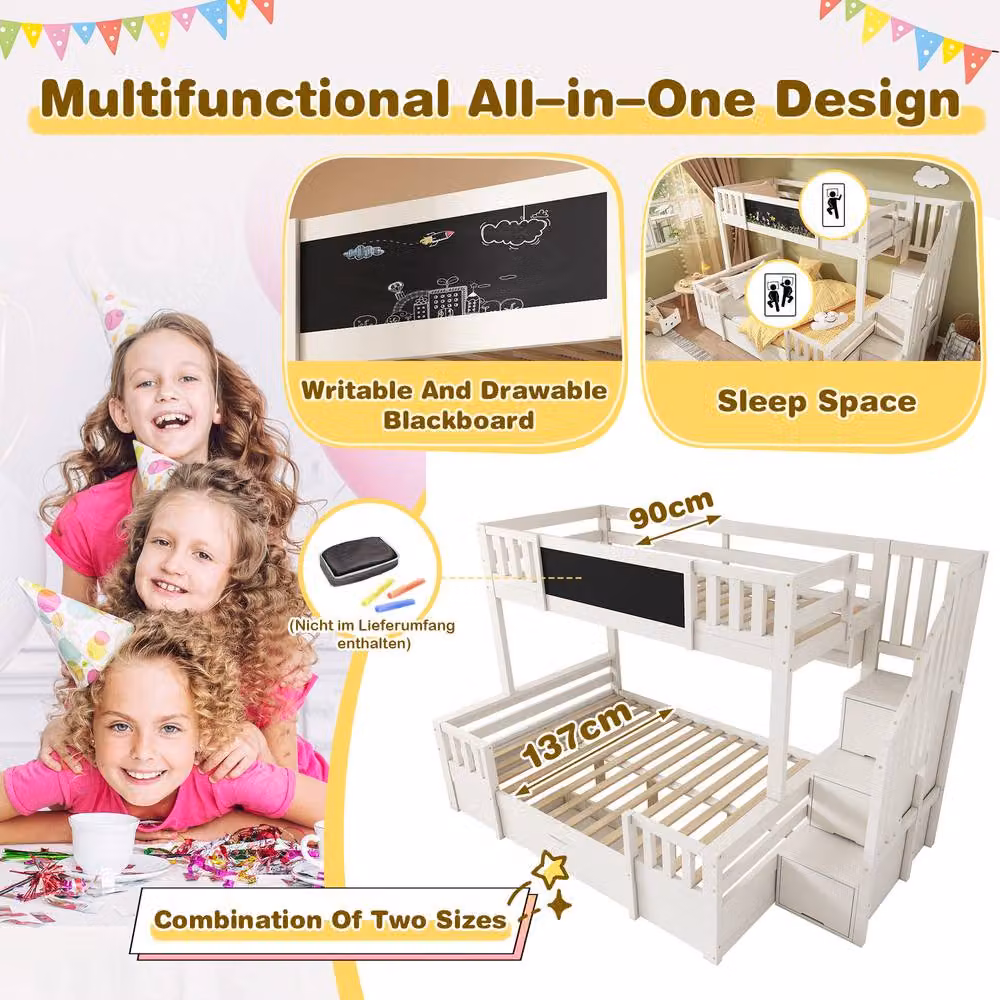 Matteo Kids Bunk Bed with Stairs and Drawers, White, W/D/H: 90 x 190 x 135 cm – 3