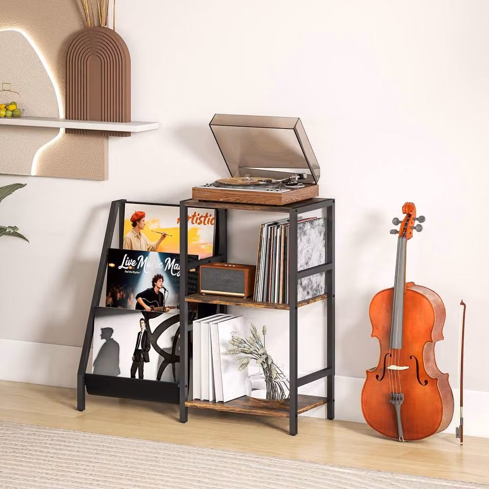 ERGOVEXA 3-Tier Industrial Record Player Stand in Rustic Brown, H: 74 cm x W: 84 cm x D: 30 cm – 3