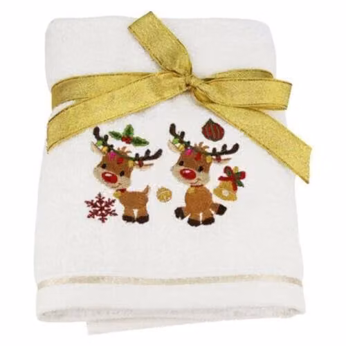 Bellissimo White 100% Cotton Hand Towel with Christmas Singing Reindeer Embroidery