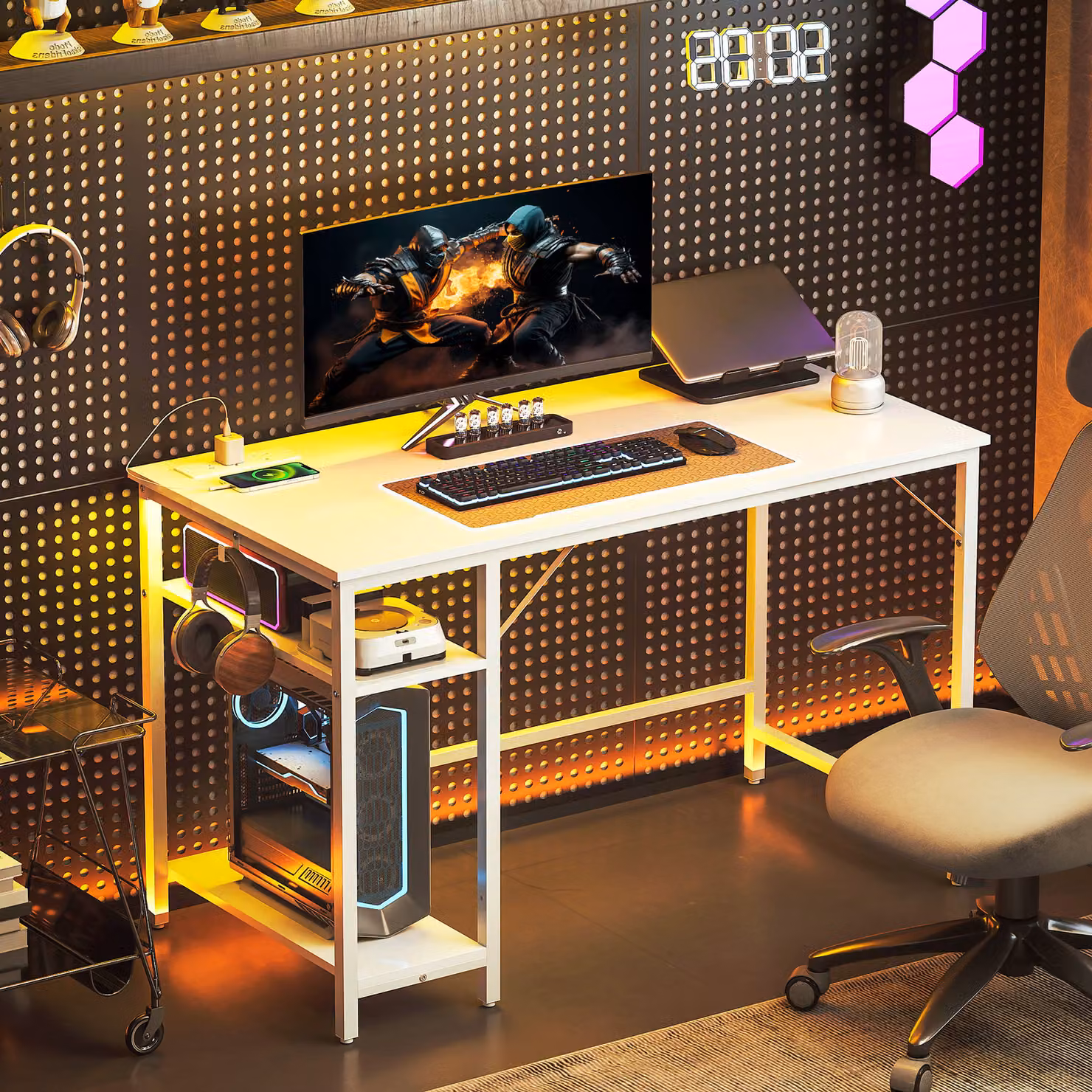 HOMCOM White Modern Computer Desk with Power Outlets and Reversible Shelves, W: 120 cm, D: 60 cm – 5
