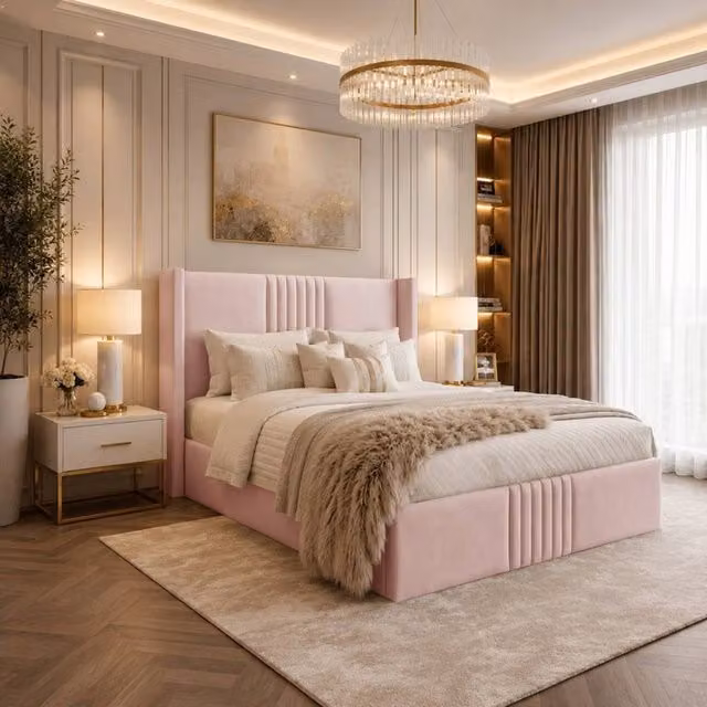 Desire Deco Brooks Wingback Upholstered Bed Frame in Pink, W/D/H: 140 x 200 cm – 1