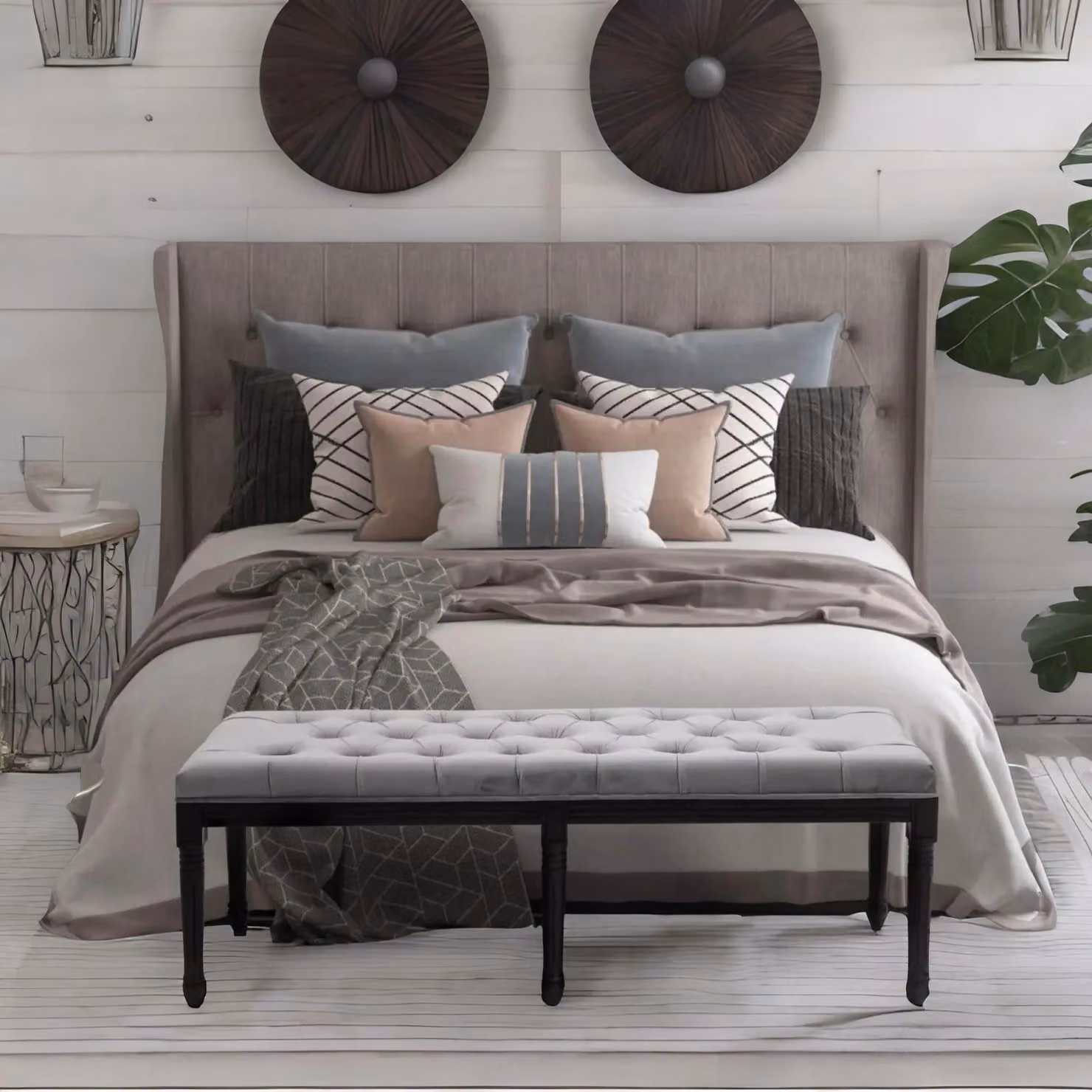 FURNOS Grey Tufted Velvet Accent Bench with Upholstered Wood Frame, W: 150.0 cm, D: 51.0 cm, H: 47.0 cm – 2