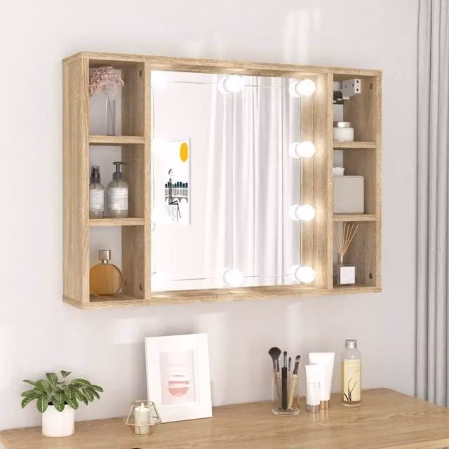 Berkfield Home Mirror Cabinet with LED Lighting in Sonoma Oak Brown, W/D/H: 76 x 15 x 55 cm