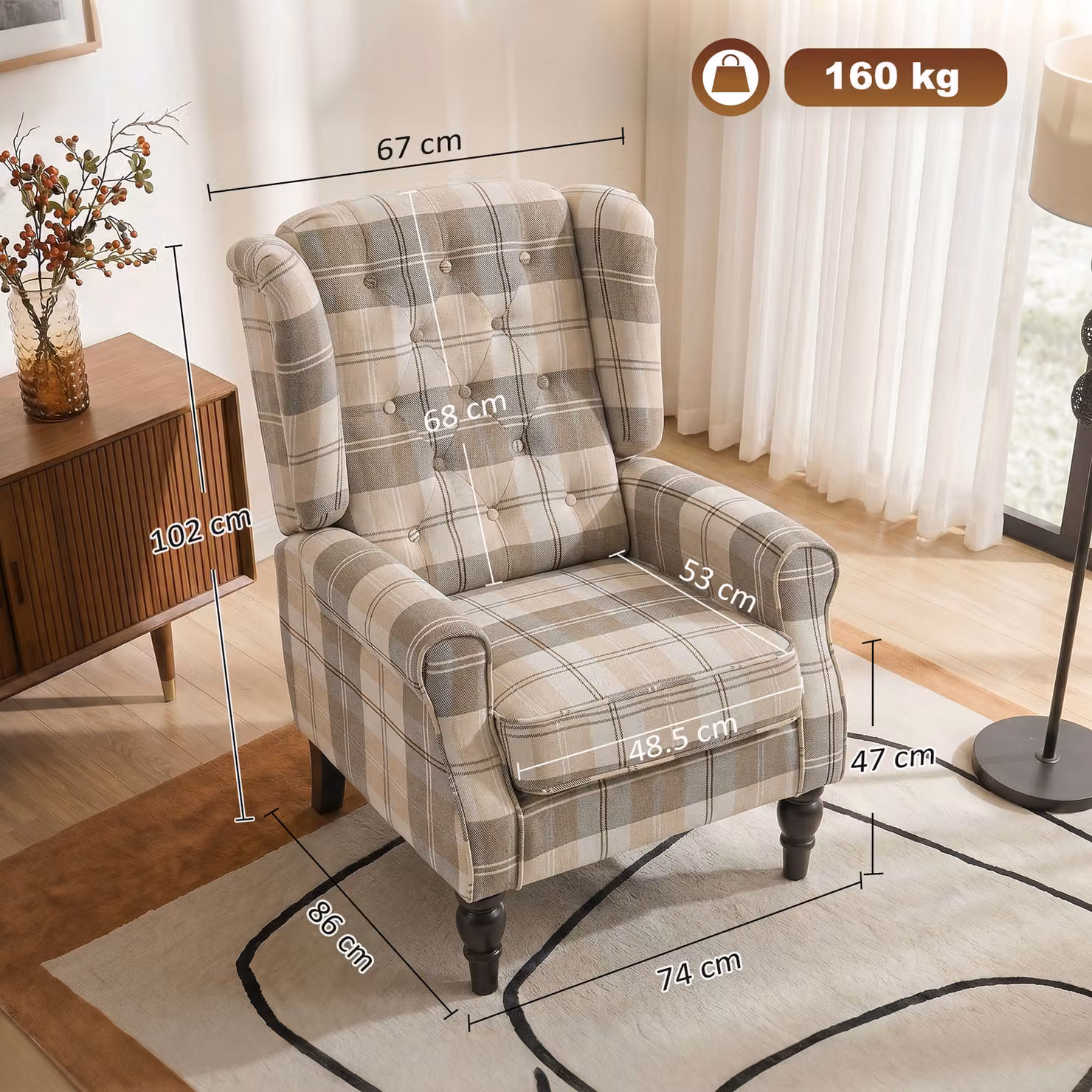 HOMCOM Wingback Accent Chair in Beige Checked Fabric with Solid Wood Frame and Armrests – 3