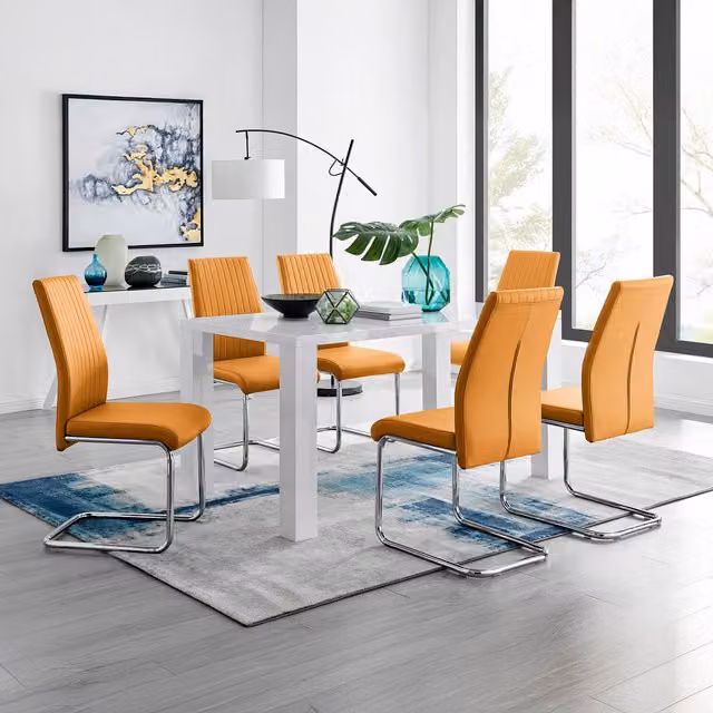 FurnitureboxUK Pivero Rectangular Dining Table and 6 Lorenzo Dining Chairs in Mustard Yellow and Orange