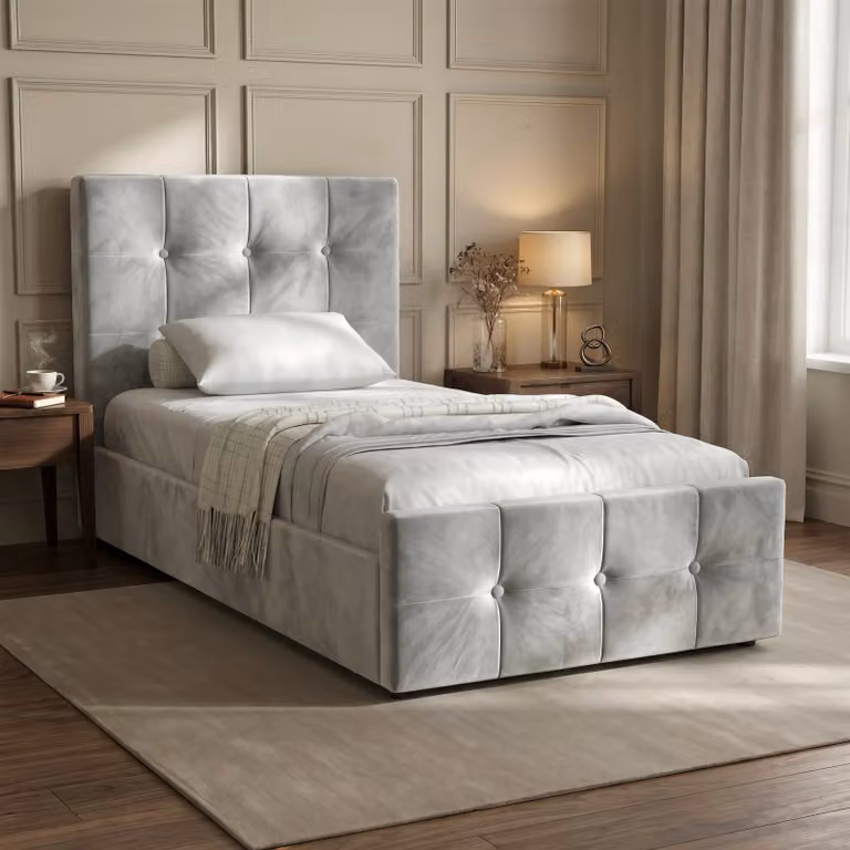 DHS Grey Velvet Single Square Ottoman Storage Bed Frame, W/D/H: 90 x 190 cm