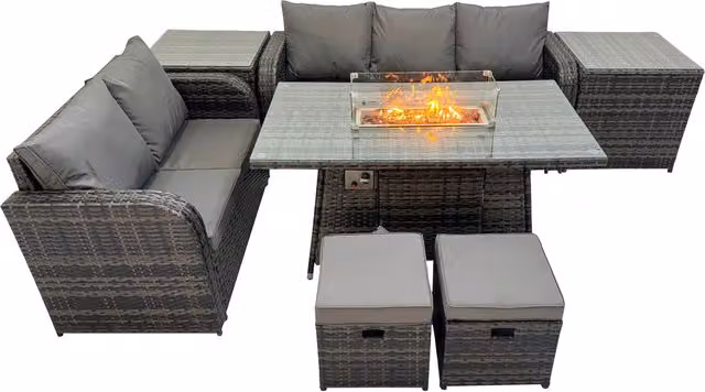 Fimous Garden Rattan Furniture Set in Dark Grey with Gas Fire Pit Table, 3-Seater Sofa and Love Seat