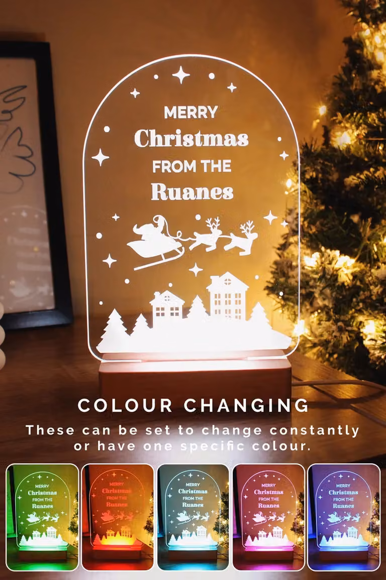 Personalised Memento Company Personalised Christmas LED Light with Wooden Base in Light Brown, W: 19.0 cm, D: 13.5 cm, H: 0.3 cm
