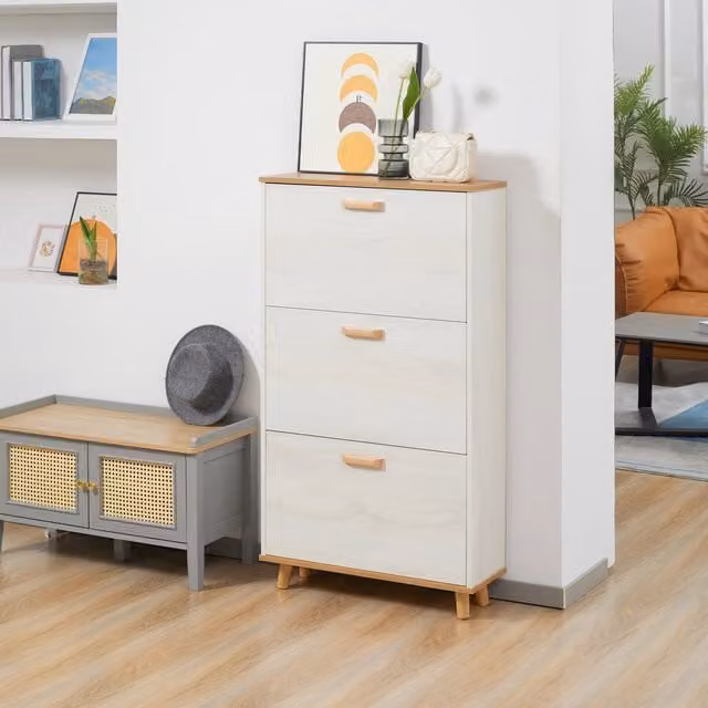 HOMCOM Slim Modern Shoe Storage Cabinet in White with 3 Tilting Compartments and Internal Shelves
