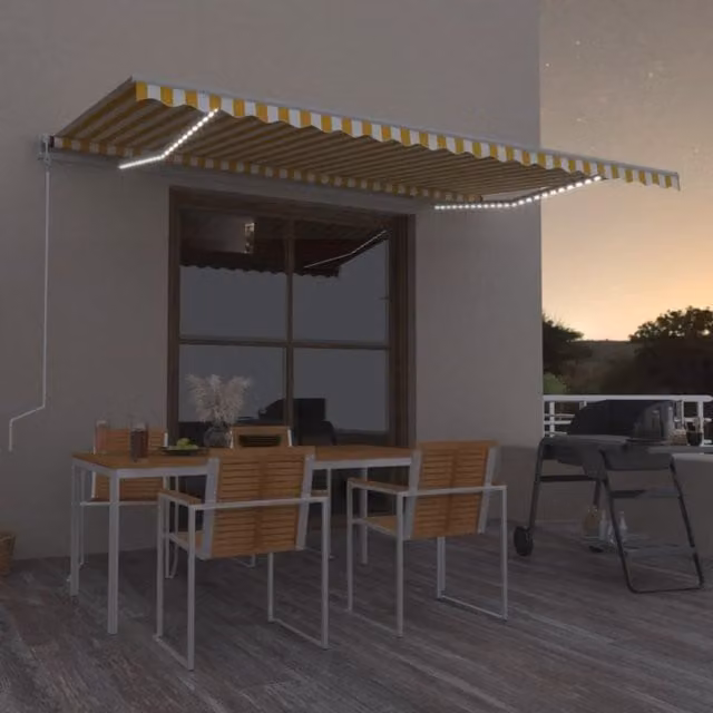 Berkfield Home Manual Retractable Awning with LED, Yellow and White Striped Polyester, W: 500 cm, D: 300 cm