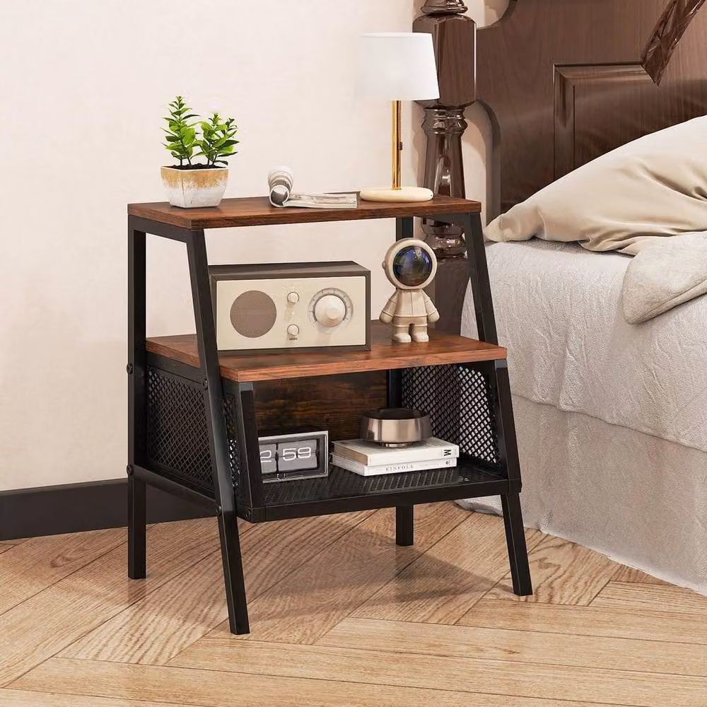 KORVIXA Industrial 3-Tier Nightstand with 2 Open Shelves, Brown – 5