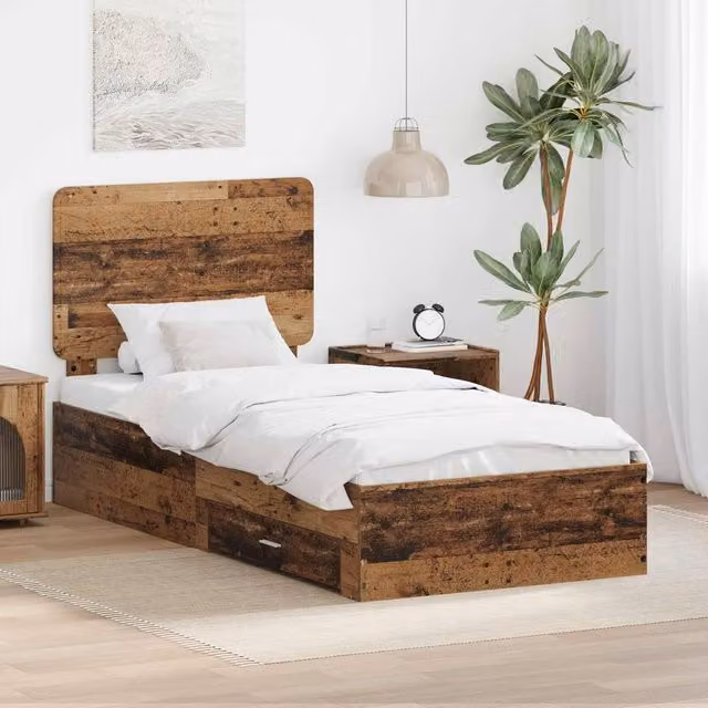 Berkfield Home Bed Frame with Headboard in Old Wood Brown, W/D/H: 90 x 200 cm – 1