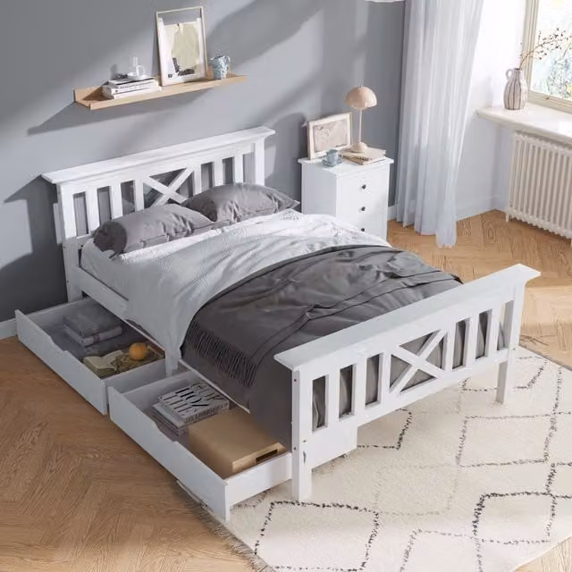 Matteo Single Solid Pine Wood Bed Frame with Drawers in White, W/D/H: 90 x 190 cm