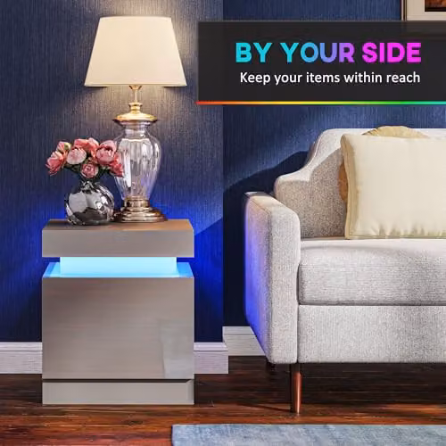 HOMCOM Modern High Gloss Bedside Table with Integrated LED Lighting, Grey, W/D/H: 35 x 45 x 52 cm – 3
