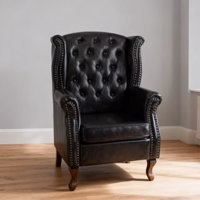 ERGOVEXA Black Tufted Chesterfield-style Wingback Accent Chair with Synthetic Leather and Solid Wood Frame, W/D/H: 70 x 72 x 108 cm – 1