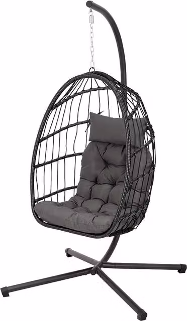 Darphe Hanging Egg Chair with Stand and Cushion in Black Rattan