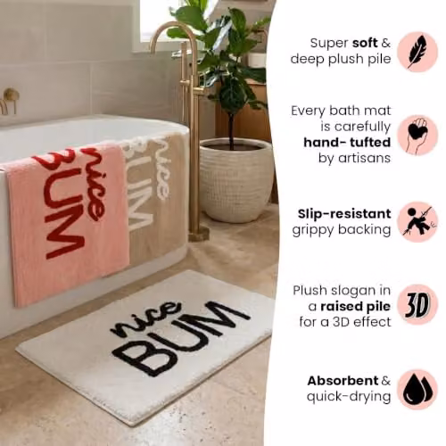 Mooky Mats Nice Bum Slogan Bath Mat, Non-Slip and Machine Washable, Pink/Red, W: 50 cm x D: 80 cm – 4