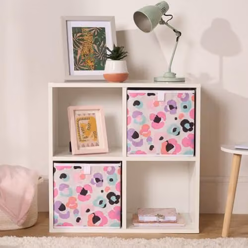 OHS Set of 4 Leopard Print Foldable Fabric Cube Storage Boxes in Multicolour and White – 2