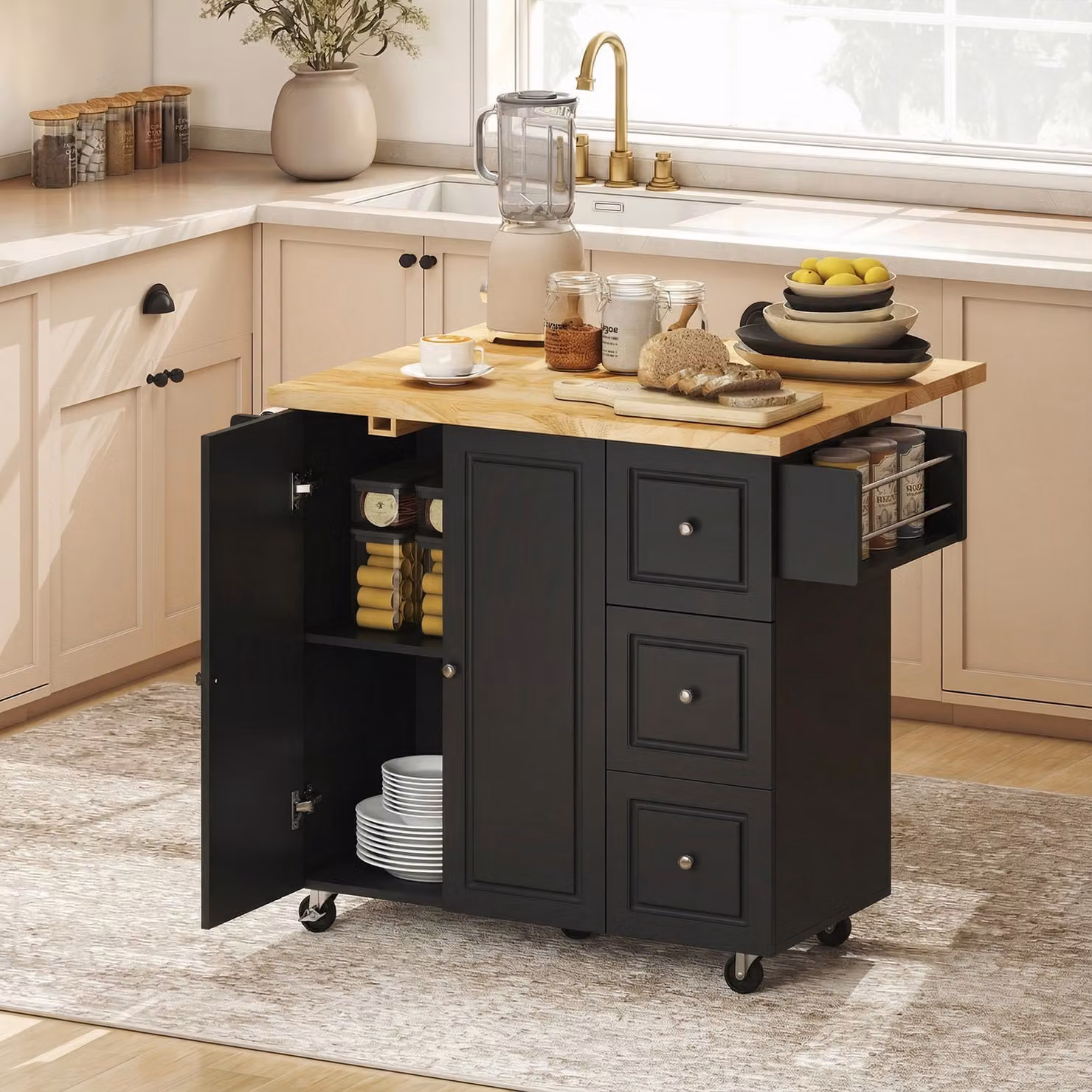 HOMCOM Black Rolling Kitchen Island Trolley with Drop Leaf, Drawers, Towel and Spice Rack – 2