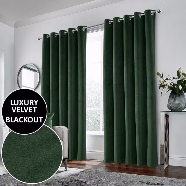 Enhanced Living Hampton Blackout Velvet Eyelet Curtains, Green, Width: 229 cm, Height: 275 cm
