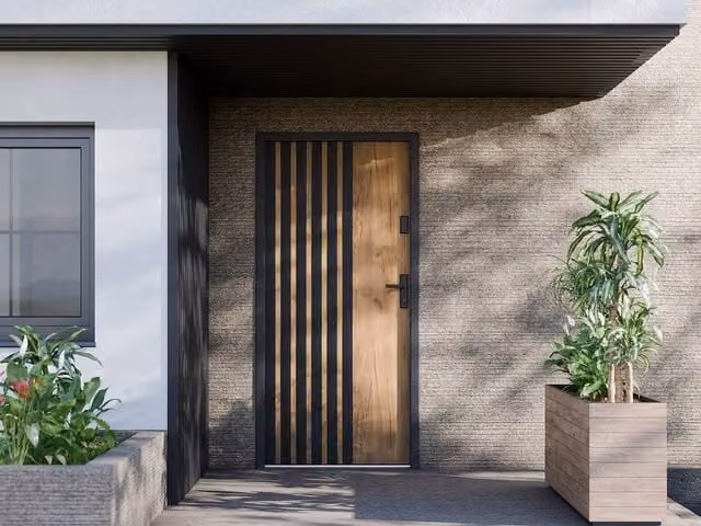 Vente-unique Modern Full Steel Front Door in Light Oak with Black Stripes, H: 207 cm, W: 100 cm – 1