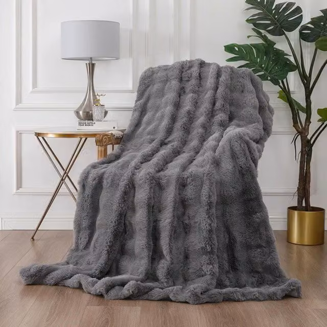 Rapport Home Grey Faux Fur Polyester Blanket, W: 150 cm, L: 200 cm