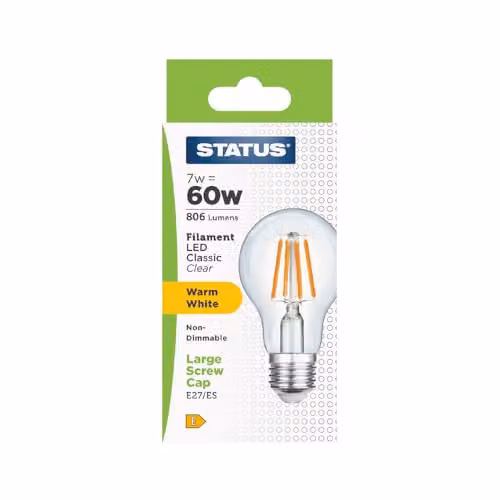 Status A60 GLS Filament LED Bulb, 7W (60W Equivalent), 806 Lumens, E27, Warm White, Clear Glass
