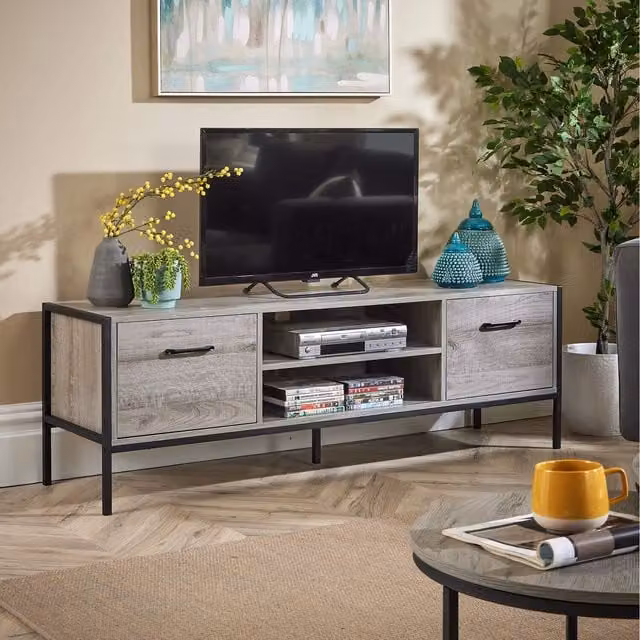 Home Source Oakmere Industrial 2 Door TV Stand Storage Unit in Grey Oak and Black