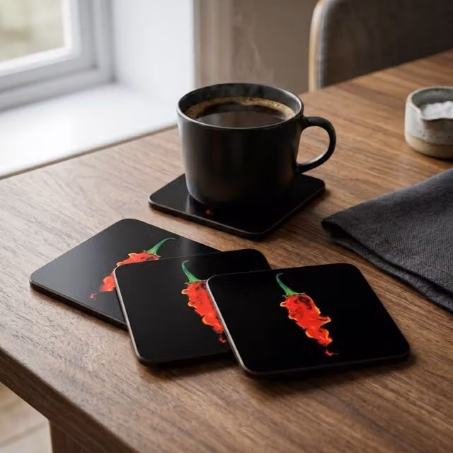 Orsina Set of Four Square Flaming Chilli Cork Coasters in Black and Multicolour – 2