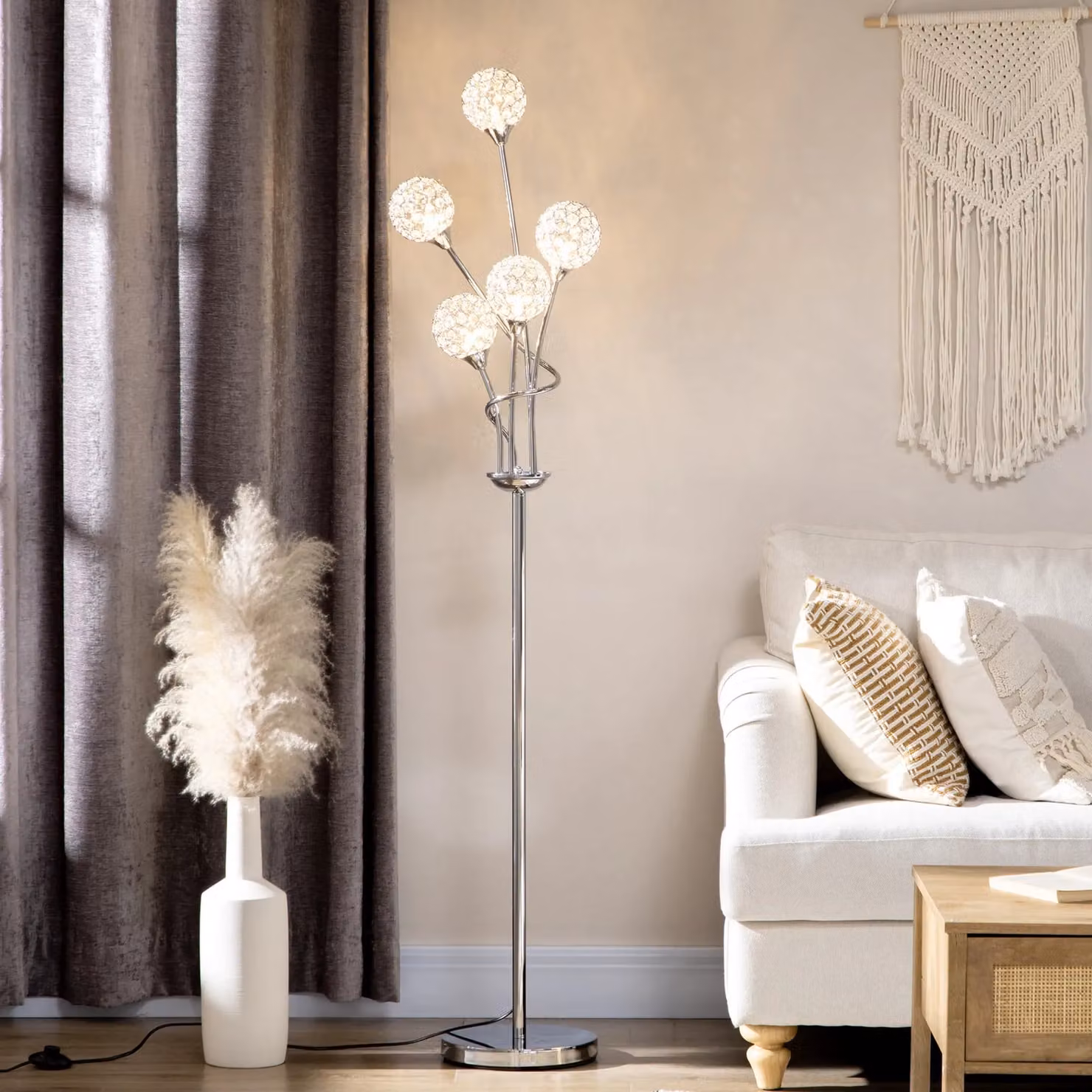 HOMCOM Modern 5 Light Floor Lamp with Crystal Shades in Silver – 2