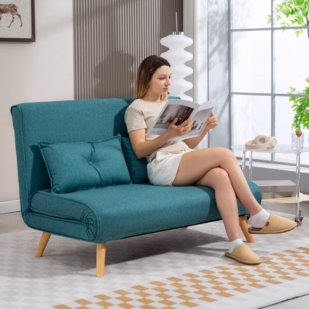 Wyld Haus Baroma Tadi Green 2 Seater Linen Look Click Clack Sofa Bed with Scatter Cushions – 3