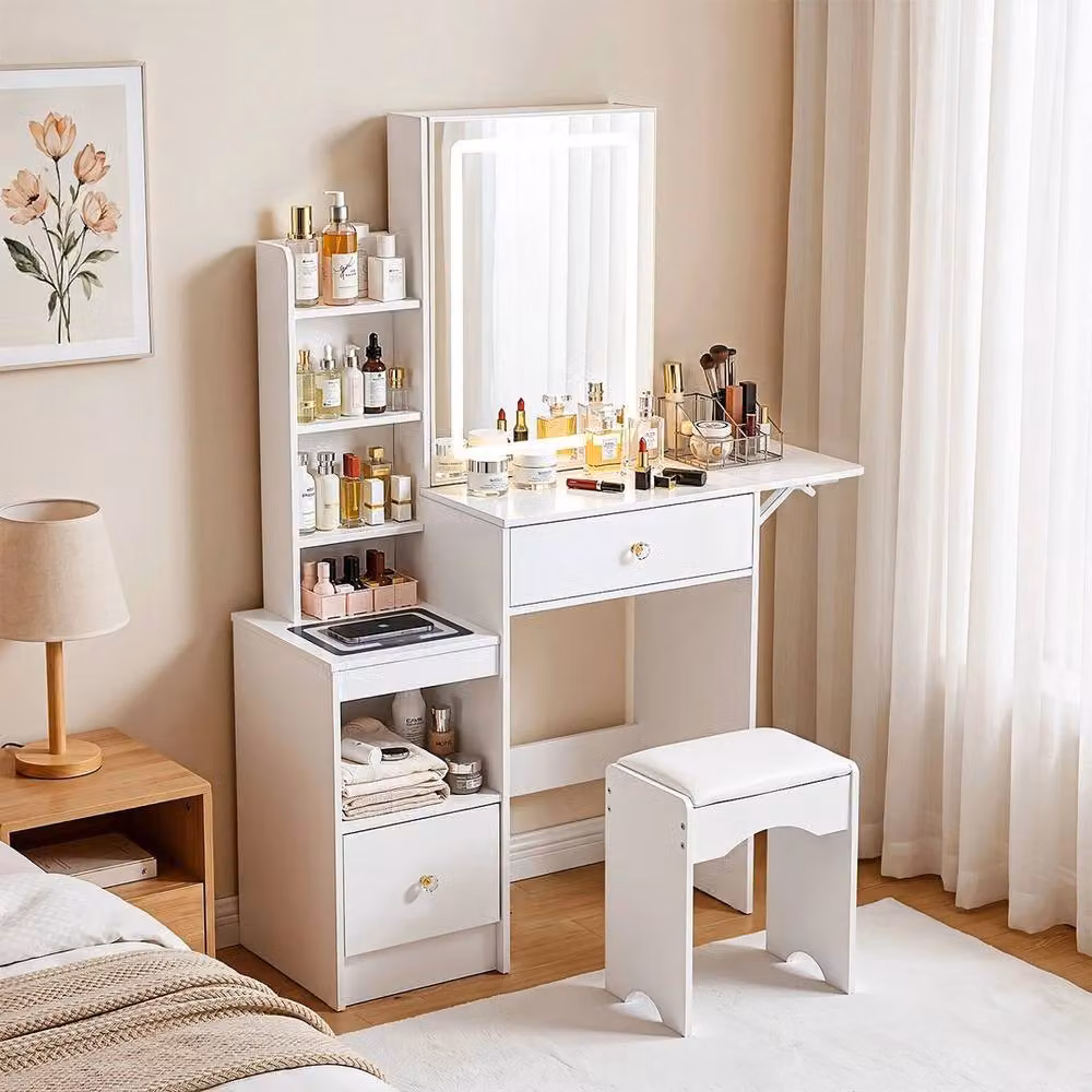 FORGEVIO Dressing Table Set with Drawers, Hollywood LED Mirror, Stool and Wireless Charging in White – 2