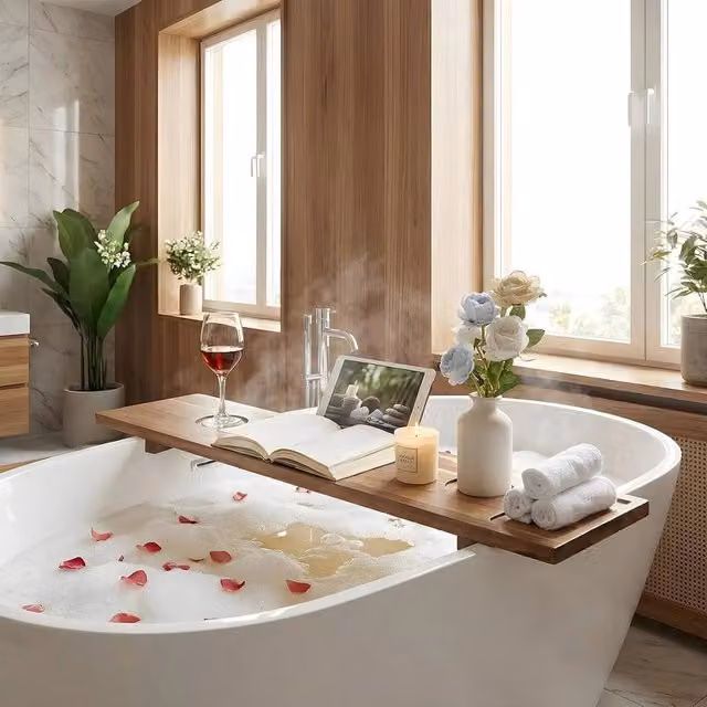 Havendro Adjustable Wood Bathtub Caddy Tray and Storage Shelf in Natural Brown – 1