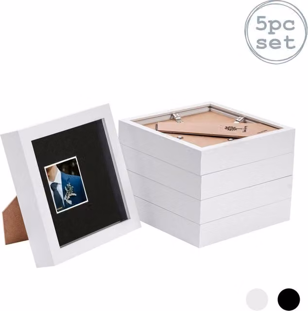 Nicola Spring Pack of 5 Square 3D Box Photo Frames in White and Black with 2 x 2 inch Mounts
