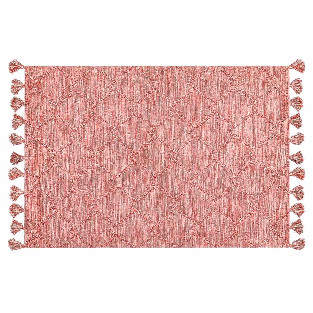 Wyld and Coco Hand Tufted Cotton Geometric Area Rug in Red and White with Tassels, W: 140 cm, L: 200 cm – 2