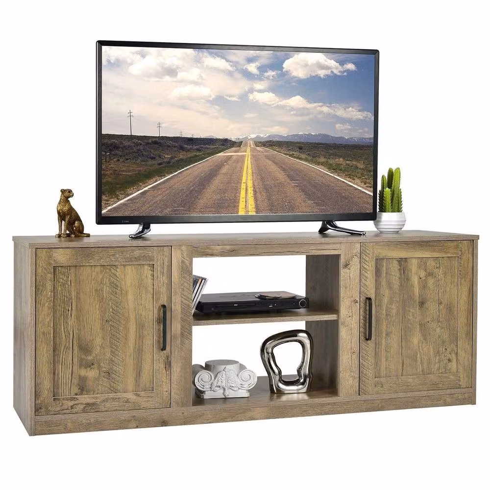 Havendro Natural Rustic TV Stand Entertainment Console with Storage Cabinets for up to 65 inch TVs – 2