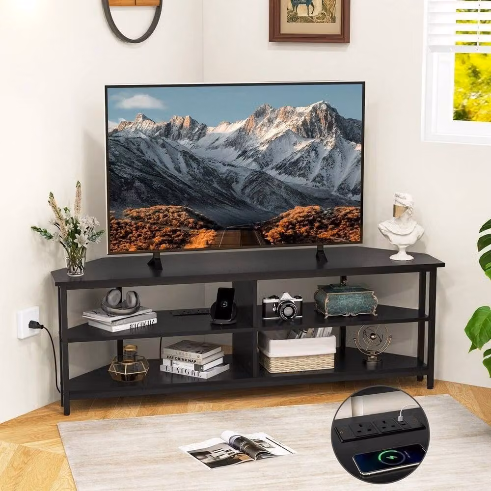 NESTLUNE Modern Black Metal Corner TV Stand with Media Compartments W/D: 100 x 15 cm – 4