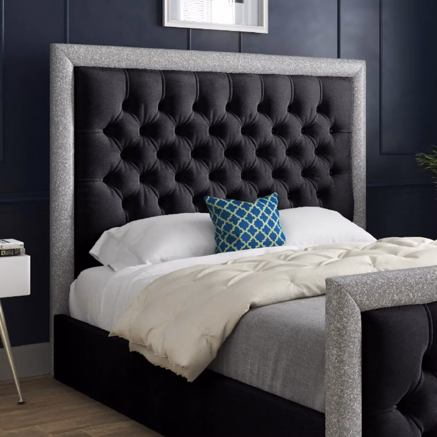 KDMD Venice Glitter Border Upholstered Soft Velvet Black Bed Frame, W/D/H: 200 x 200 x 189 cm – 2