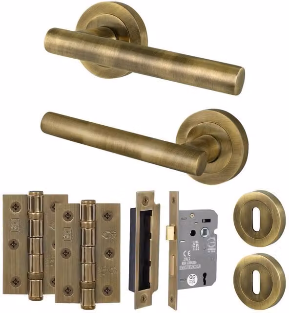 AFIT Antique Brass T-Bar Door Handle and Sashlock Escutcheon Set in Gold, 1 Pair – 1