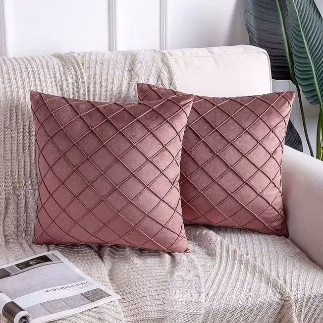 YnysTec Velvet Checked Cushion Cover in Light Red, W: 60 cm x H: 60 cm
