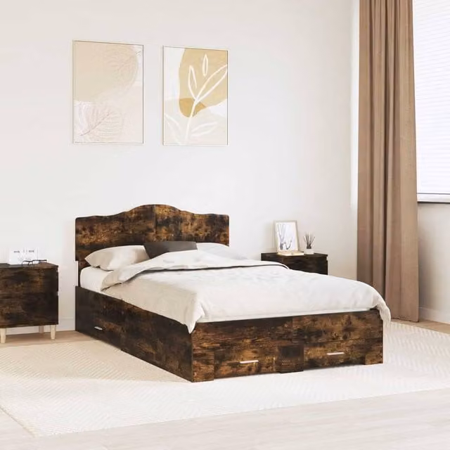 Berkfield Home Modern Bed Frame with Drawers in Smoked Oak Brown, W/D/H: 120 x 200 cm – 1