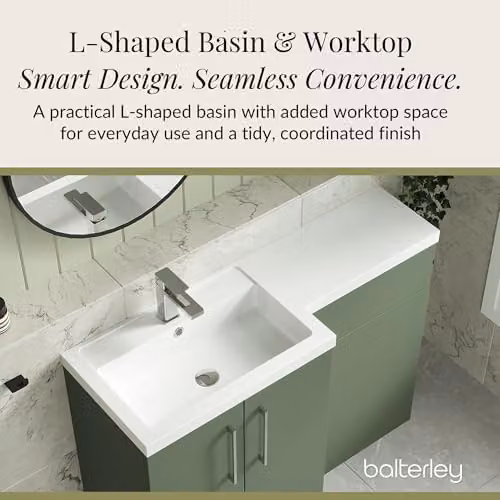 Balterley Modern Green Floor Standing Vanity Unit and WC Unit with L-Shaped Basin and Soft Close Doors – 4