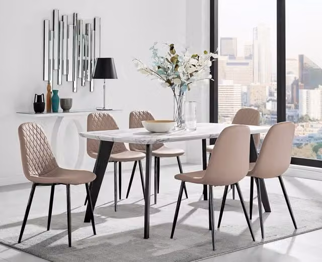 FurnitureboxUK Andria White Marble Effect 6 Seater Dining Table and 6 Beige Corona Faux Leather Chairs – 1