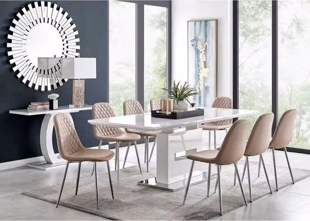 FurnitureboxUK Arezzo Large Extending Rectangular Dining Table and 8 Corona Silver Leg Chairs in Yellow and White