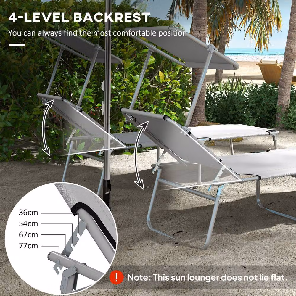 OUTSUNNY Set of 2 Folding Sun Loungers with Sunshade and Adjustable Backrest in Light Grey – 3