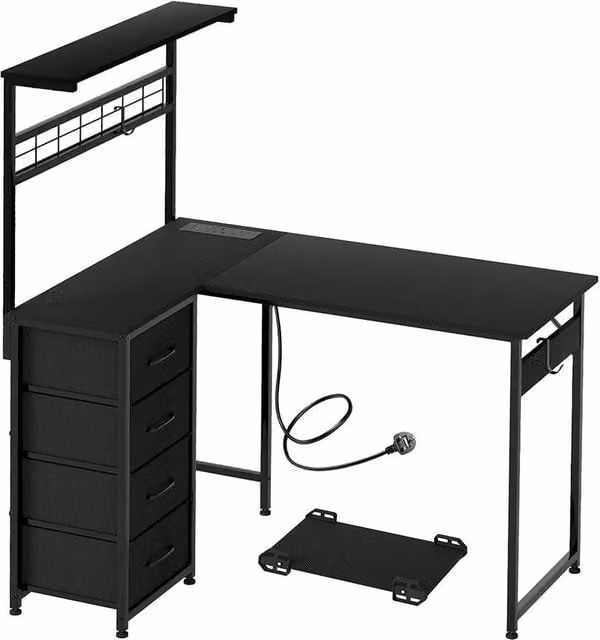 Levede L-Shaped Gaming Desk with LED and Power Socket in Black – 1